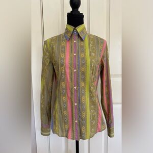 Etro green striped paisley cotton long sleeve button up fitted shirt women’s 44